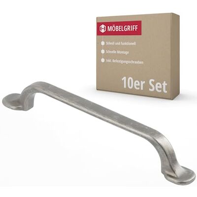 Gedotec Helga Lot de 10 poignées de meuble en métal massif avec matériel de fixation inclus Argenté vieilli avec BA 128 mm - Publicité Gedotec Helga Lot de 10 poignées de meuble en métal massif avec matériel de fixation inclus Argenté vieilli avec BA 128 mm - Publicité