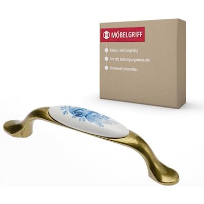 Gedotec OLGA Poignée de meuble en porcelaine et métal 1 pièce Poignées pour armoires de cuisine avec matériel de fixation Poignées de meuble en laiton antique rose bleue avec BA 96 mm - Publicité Gedotec OLGA Poignée de meuble en porcelaine et métal 1 pièce Poignées pour armoires de cuisine avec matériel de fixation Poignées de meuble en laiton antique rose bleue avec BA 96 mm - Publicité
