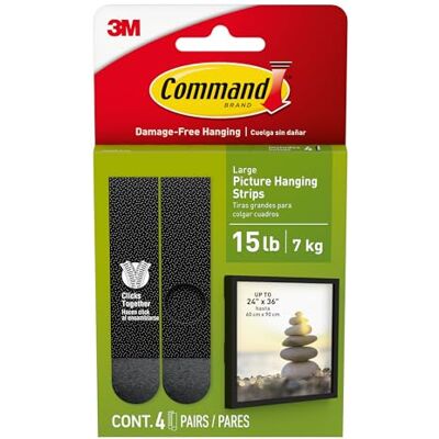 Command Lot de 4 paires (8 bandes) de grandes bandes adhésives pour accrocher sans dommage pour affiches, photos, cadres et miroirs, décoration murale et panneaux Charge maximale : 7,2 kg Noir - Publicité Command Lot de 4 paires (8 bandes) de grandes bandes adhésives pour accrocher sans dommage pour affiches, photos, cadres et miroirs, décoration murale et panneaux Charge maximale : 7,2 kg Noir - Publicité