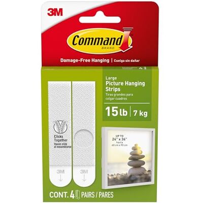 Command Grandes bandes adhésives, blanches, à suspendre sans dommages, pour photos, cadres et miroirs, décorations murales et enseignes, peuvent supporter jusqu'à 7,2 kg, 8 unités (lot de 1) - Publicité Command Grandes bandes adhésives, blanches, à suspendre sans dommages, pour photos, cadres et miroirs, décorations murales et enseignes, peuvent supporter jusqu'à 7,2 kg, 8 unités (lot de 1) - Publicité