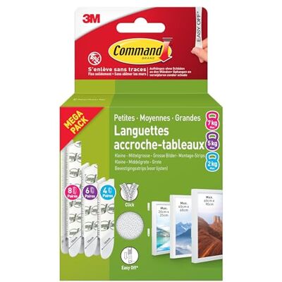 Command Languettes Accroches Tableaux, Multi-Pack, 8 Paires de Grandes, 6 Paires de Moyennes, 4 Paires de Petites Bandes Adhésives, Blanches Fixation sans Dommage - Publicité Command Languettes Accroches Tableaux, Multi-Pack, 8 Paires de Grandes, 6 Paires de Moyennes, 4 Paires de Petites Bandes Adhésives, Blanches Fixation sans Dommage - Publicité