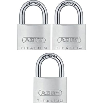 ABUS Cadenas 54TI/40 TITALIUM Lot de 3 Cadenas léger en aluminium avec anse en acier trempé Double verrouillage de l'anse Niveau de sécurité 3 - Publicité ABUS Cadenas 54TI/40 TITALIUM Lot de 3 Cadenas léger en aluminium avec anse en acier trempé Double verrouillage de l'anse Niveau de sécurité 3 - Publicité