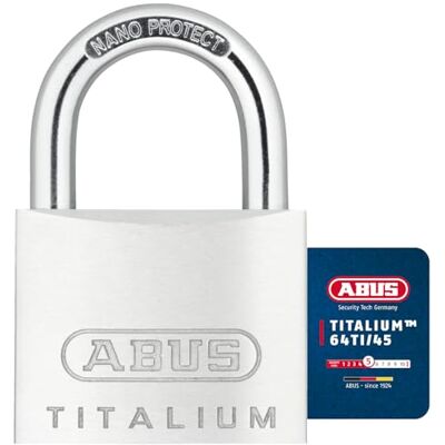 ABUS Titalium 64TI/45 Cadenas de cave avec corps de serrure en aluminium spécial anse en acier trempé niveau de sécurité 5 - Publicité ABUS Titalium 64TI/45 Cadenas de cave avec corps de serrure en aluminium spécial anse en acier trempé niveau de sécurité 5 - Publicité