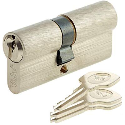 Yale Cylindre de Serrure pour Porte Extérieure/Entrée, 5 Goupilles, 3 Clés, Nickelé, Laiton, Nickelé, 30 x 60 mm - Publicité Yale Cylindre de Serrure pour Porte Extérieure/Entrée, 5 Goupilles, 3 Clés, Nickelé, Laiton, Nickelé, 30 x 60 mm - Publicité