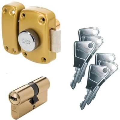 Vachette 671600MN/SC Verrou CYCLOP à bouton et cylindre 5 goupilles diamètre 23 mm, longueur 45 mm, 3 clés, bronze + Cylindre 30x30 mm laiton - Publicité Vachette 671600MN/SC Verrou CYCLOP à bouton et cylindre 5 goupilles diamètre 23 mm, longueur 45 mm, 3 clés, bronze + Cylindre 30x30 mm laiton - Publicité