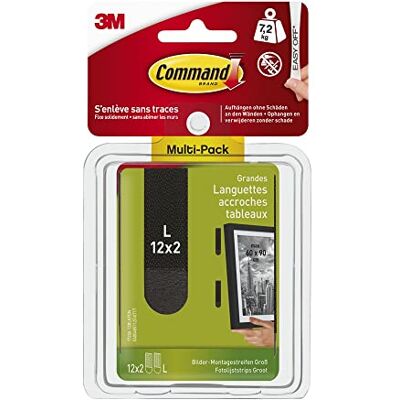 Command Lot de 24 bandes adhésives, 12 x 2 cm, taille L, noires – Pour accrocher des photos sans perçage, les bandes supportent jusqu'à 7,2 kg, se décollent sans laisser de résidus - Publicité Command Lot de 24 bandes adhésives, 12 x 2 cm, taille L, noires – Pour accrocher des photos sans perçage, les bandes supportent jusqu'à 7,2 kg, se décollent sans laisser de résidus - Publicité