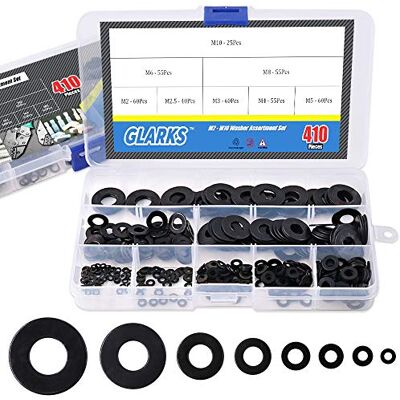 Glarks Assortiment de 410 rondelles plates métriques M2 M2,5 M3 M4 M5 M6 M8 M10 en alliage plaqué zinc noir - Publicité Glarks Assortiment de 410 rondelles plates métriques M2 M2,5 M3 M4 M5 M6 M8 M10 en alliage plaqué zinc noir - Publicité