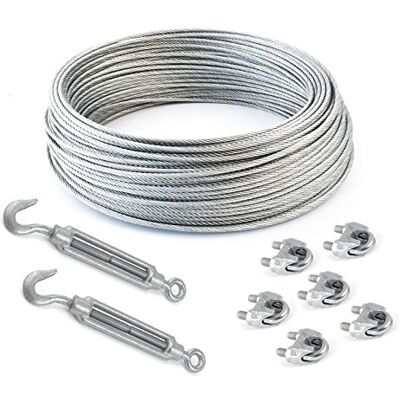 DQ-PP SET 20m câble acier galvanisé 6x37 10mm + 6 serre-câbles étrie et 2 tendeurs a cage crochet-oeil - Publicité DQ-PP SET 20m câble acier galvanisé 6x37 10mm + 6 serre-câbles étrie et 2 tendeurs a cage crochet-oeil - Publicité