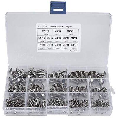 Walfront 180pcs Vis en Acier Inoxydable à Tête Ronde Auto-taraudeuse Ensemble de Vis Assorties M3 M4 M5 M6 Kit D'assortiment Avec Boîte en Plastique - Publicité Walfront 180pcs Vis en Acier Inoxydable à Tête Ronde Auto-taraudeuse Ensemble de Vis Assorties M3 M4 M5 M6 Kit D'assortiment Avec Boîte en Plastique - Publicité