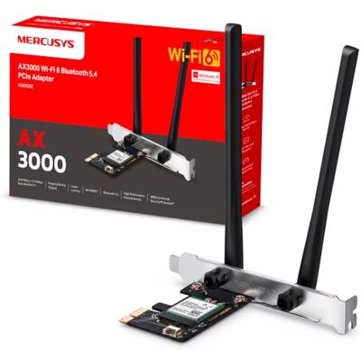 MERCUSYS MA80XE TP-Link WiFi 6 Carte WiFi PCIe AX3000Mbps, Bluetooth 5.3, Bi-Bande (5GHz/2.4GHz), Chipset Intel Wi-FI 6E, WPA3, MU-MIMO, OFDMA, Carte WiFi PC Fixe, Windows 11/10 - Publicité MERCUSYS MA80XE TP-Link WiFi 6 Carte WiFi PCIe AX3000Mbps, Bluetooth 5.3, Bi-Bande (5GHz/2.4GHz), Chipset Intel Wi-FI 6E, WPA3, MU-MIMO, OFDMA, Carte WiFi PC Fixe, Windows 11/10 - Publicité