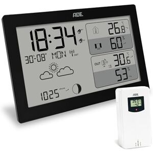 ADE Station météo numérique radio avec capteur extérieur et prévisions météo thermomètre et hygromètre pression atmosphérique horloge radio-pilotée avec 2 heures de réveil calendrier noir - Publicité ADE Station météo numérique radio avec capteur extérieur et prévisions météo thermomètre et hygromètre pression atmosphérique horloge radio-pilotée avec 2 heures de réveil calendrier noir - Publicité