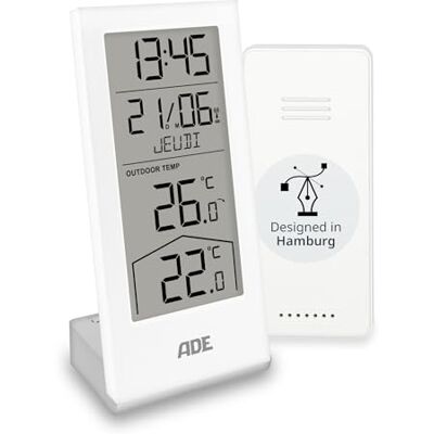 ADE Station météo numérique sans fil avec capteur extérieur horloge numérique avec thermomètre intérieur et extérieur pour la maison horloge radio pilotée calendrier numérique blanc - Publicité ADE Station météo numérique sans fil avec capteur extérieur horloge numérique avec thermomètre intérieur et extérieur pour la maison horloge radio pilotée calendrier numérique blanc - Publicité