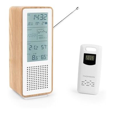 Thomson Enceinte Bluetooth 5.3 et Station Météo Sans Fil, Radio FM, Horloge Radiopilotée, Thermomètre et Hygromètre Intérieur/Extérieur, Qualité de l'Air, Structure Bois Blanc WS102TWH - Publicité Thomson Enceinte Bluetooth 5.3 et Station Météo Sans Fil, Radio FM, Horloge Radiopilotée, Thermomètre et Hygromètre Intérieur/Extérieur, Qualité de l'Air, Structure Bois Blanc WS102TWH - Publicité