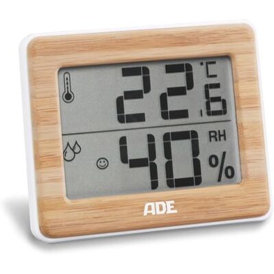 ADE Thermo-hygromètre numérique avec du vrai bambou. Thermomètre avec affichage précis de la température, Hygromètre pour indicateur d'humidité et zone de confort, écran LCD - Publicité ADE Thermo-hygromètre numérique avec du vrai bambou. Thermomètre avec affichage précis de la température, Hygromètre pour indicateur d'humidité et zone de confort, écran LCD - Publicité