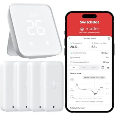 SwitchBot Lot de 4 thermomètres hygromètres d'intérieur avec Hub2, thermomètre extérieur Wi-Fi et Bluetooth, mesureur d'humidité, notifications de l'application, compatible avec Apple Home, Alexa - Publicité SwitchBot Lot de 4 thermomètres hygromètres d'intérieur avec Hub2, thermomètre extérieur Wi-Fi et Bluetooth, mesureur d'humidité, notifications de l'application, compatible avec Apple Home, Alexa - Publicité