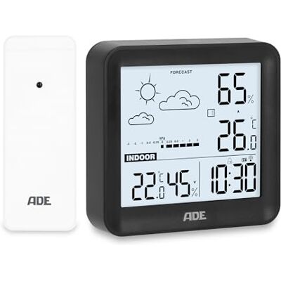 ADE Petite station météo numérique avec capteur extérieur et prévisions météo température intérieure et extérieure humidité de l'air horloge radiopilotée avec réveil piles incluses noir - Publicité ADE Petite station météo numérique avec capteur extérieur et prévisions météo température intérieure et extérieure humidité de l'air horloge radiopilotée avec réveil piles incluses noir - Publicité