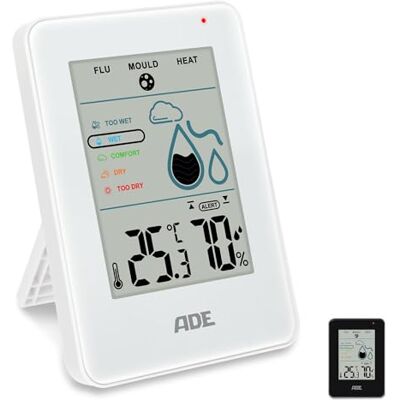 ADE Hygromètre digital d'intérieur avec alarme de moisissure Hygromètre avec thermomètre grand écran LCD blanc - Publicité ADE Hygromètre digital d'intérieur avec alarme de moisissure Hygromètre avec thermomètre grand écran LCD blanc - Publicité