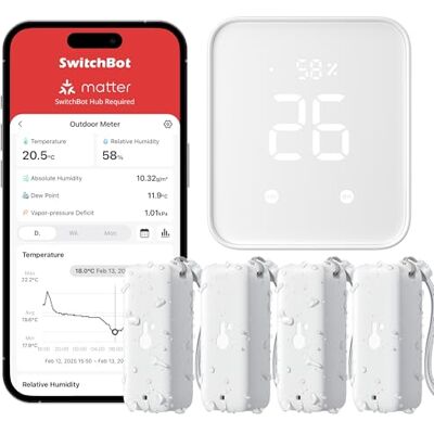 SwitchBot Lot de 4 thermomètres sans fil hygromètre intérieur et extérieur avec hub 2, IP65, capteur de température et d'humidité étanche avec notification d'application et stockage gratuit des - Publicité SwitchBot Lot de 4 thermomètres sans fil hygromètre intérieur et extérieur avec hub 2, IP65, capteur de température et d'humidité étanche avec notification d'application et stockage gratuit des - Publicité