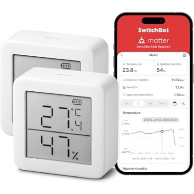 SwitchBot Thermomètre Hygromètre Intérieur connecté- Thermo-hygromètre Numérique à Domicile, Petit Thermomètre d'Ambiance avec APP Contrôle, Stockage de Données (2 pièces) - Publicité SwitchBot Thermomètre Hygromètre Intérieur connecté- Thermo-hygromètre Numérique à Domicile, Petit Thermomètre d'Ambiance avec APP Contrôle, Stockage de Données (2 pièces) - Publicité