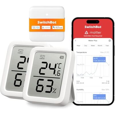 SwitchBot Thermomètre Hygromètre Intérieur Lot de 2 avec Hub Mini Matter, Hygromètre Bluetooth Numérique Capteur de Température et d’Humidité avec Application & Stockage de Données, Capteur de Point d - Publicité SwitchBot Thermomètre Hygromètre Intérieur Lot de 2 avec Hub Mini Matter, Hygromètre Bluetooth Numérique Capteur de Température et d’Humidité avec Application & Stockage de Données, Capteur de Point d - Publicité