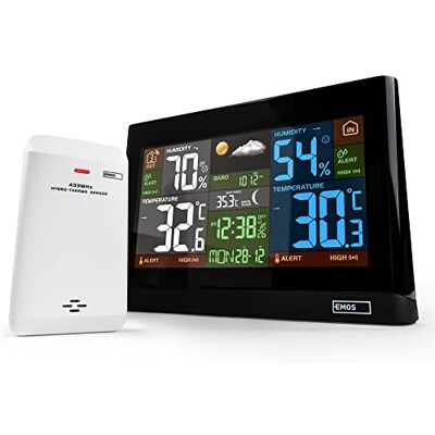 EMOS Station Météo Intérieur Extérieur sans Fil avec Écran Couleur Date & Heure, Température, Humidité, Pression de l'Air, Indice de Chaleur & de Confort Prévision 12-24h - Publicité EMOS Station Météo Intérieur Extérieur sans Fil avec Écran Couleur Date & Heure, Température, Humidité, Pression de l'Air, Indice de Chaleur & de Confort Prévision 12-24h - Publicité