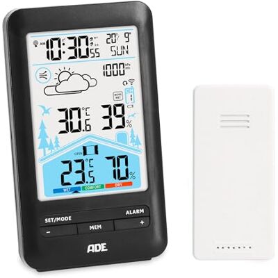 ADE Station méteo numérique avec capteur extérieur Thermomètre, hygromètre, baromètre Horloge radio-pilotée avec double alarme Prévisions météo animées Grand écran couleur LCD - Publicité ADE Station méteo numérique avec capteur extérieur Thermomètre, hygromètre, baromètre Horloge radio-pilotée avec double alarme Prévisions météo animées Grand écran couleur LCD - Publicité