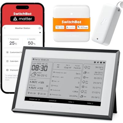 SwitchBot Tableau de Bord Connecté E-Ink, Station Météo avec Sonde et Hub Écran 7,5", calendrier familial, thermomètre intérieur/extérieur, hygromètre, météo, Google/iCloud/Outlook, WiFi 2,4GHz & BLE - Publicité SwitchBot Tableau de Bord Connecté E-Ink, Station Météo avec Sonde et Hub Écran 7,5", calendrier familial, thermomètre intérieur/extérieur, hygromètre, météo, Google/iCloud/Outlook, WiFi 2,4GHz & BLE - Publicité