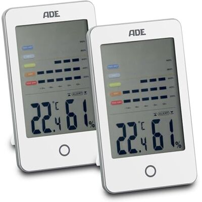 ADE Hygromètre numérique Alarme visuelle de moisissure Thermomètre avec affichage de la température Humidité avec historique de 12 heures Grand écran LCD Batterie incluse Blanc Lot de 2 - Publicité ADE Hygromètre numérique Alarme visuelle de moisissure Thermomètre avec affichage de la température Humidité avec historique de 12 heures Grand écran LCD Batterie incluse Blanc Lot de 2 - Publicité
