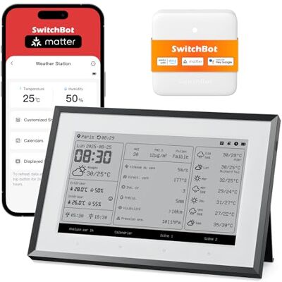 SwitchBot Tableau de bord domestique intelligent E-Ink, thermomètre hygromètre sans fil intérieur/extérieur avec calendrier, Wi-Fi 2,4GHz&BLE,compatible Google/iCloud/Outlook (2in1 Combo) - Publicité SwitchBot Tableau de bord domestique intelligent E-Ink, thermomètre hygromètre sans fil intérieur/extérieur avec calendrier, Wi-Fi 2,4GHz&BLE,compatible Google/iCloud/Outlook (2in1 Combo) - Publicité