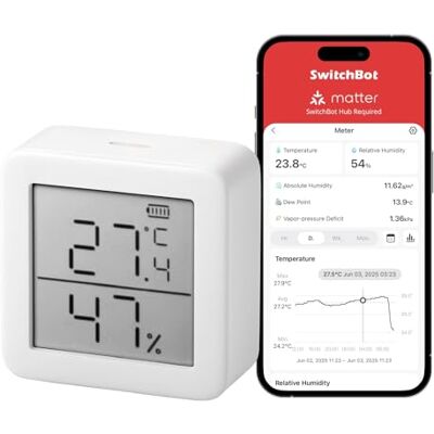 SwitchBot Thermomètre Hygromètre Intérieur, Thermomètre Extérieur Bluetooth Mesureur d'Humidité avec Application, Capteur de Point de Rosée/VPD/Humidité Absolue - Publicité SwitchBot Thermomètre Hygromètre Intérieur, Thermomètre Extérieur Bluetooth Mesureur d'Humidité avec Application, Capteur de Point de Rosée/VPD/Humidité Absolue - Publicité
