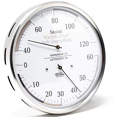 Fischer 185.01 Sauna Universal-thermo-hygromètre, verre, acier inoxydable hygromètre à cheveux et thermomètre bimétallique, plage de mesure 0-60 % HR et 40-120 °C, diamètre 160 mm, Made in Germany - Publicité Fischer 185.01 Sauna Universal-thermo-hygromètre, verre, acier inoxydable hygromètre à cheveux et thermomètre bimétallique, plage de mesure 0-60 % HR et 40-120 °C, diamètre 160 mm, Made in Germany - Publicité