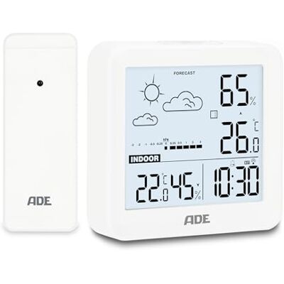 ADE Petite station météo numérique avec capteur extérieur et prévisions météo température intérieure et extérieure humidité de l'air horloge radiopilotée avec réveil piles incluses blanc - Publicité ADE Petite station météo numérique avec capteur extérieur et prévisions météo température intérieure et extérieure humidité de l'air horloge radiopilotée avec réveil piles incluses blanc - Publicité