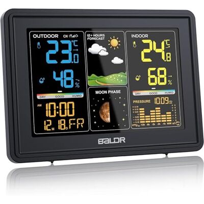 Baldr Station Météo Sans Fil, Thermomètre Hygromètre Numérique Intérieur et Extérieur Avec Prévisions Météo, Affichage de l'heure, Réveil, Phase de Lune - Publicité Baldr Station Météo Sans Fil, Thermomètre Hygromètre Numérique Intérieur et Extérieur Avec Prévisions Météo, Affichage de l'heure, Réveil, Phase de Lune - Publicité
