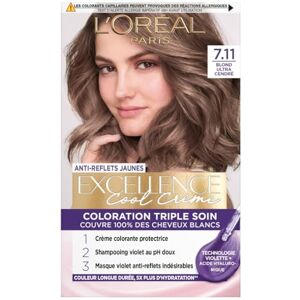 L'Oreal L’ORÉAL PARIS Coloration Cheveux Permanente Triple Soin Anti-Reflets Jaunes Couvre 100% des Cheveux Blancs Excellence Cool Crème Nuance : Blond Ultra Cendré (7.11) - Publicité L'Oreal L’ORÉAL PARIS Coloration Cheveux Permanente Triple Soin Anti-Reflets Jaunes Couvre 100% des Cheveux Blancs Excellence Cool Crème Nuance : Blond Ultra Cendré (7.11) - Publicité