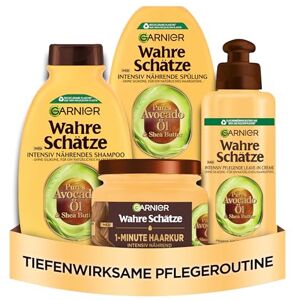 Garnier Wahre Schätze Kit de soin avec shampooing, après-shampoing, masque et sans rinçage à l'huile d'avocat et au beurre de karité pour cheveux très secs, ondulés, bouclés et épais, convient à tous - Publicité Garnier Wahre Schätze Kit de soin avec shampooing, après-shampoing, masque et sans rinçage à l'huile d'avocat et au beurre de karité pour cheveux très secs, ondulés, bouclés et épais, convient à tous - Publicité