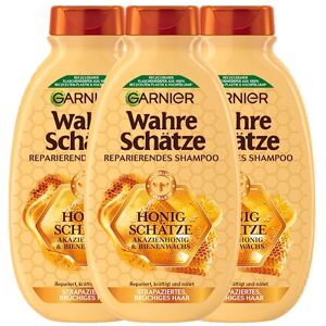 Garnier Wahre Schätze Shampooing Réparateur Miel Trésors Renforce et nourrit les cheveux abîmés et cassants 3 x 250 ml - Publicité Garnier Wahre Schätze Shampooing Réparateur Miel Trésors Renforce et nourrit les cheveux abîmés et cassants 3 x 250 ml - Publicité
