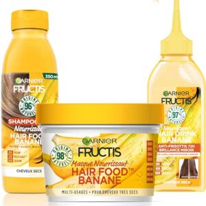 Garnier Fructis Hair Food Soin Cheveux Routine à la Banane pour Cheveux Secs et Très Secs 97% d'ingrédients d'origine naturelle - Publicité Garnier Fructis Hair Food Soin Cheveux Routine à la Banane pour Cheveux Secs et Très Secs 97% d'ingrédients d'origine naturelle - Publicité
