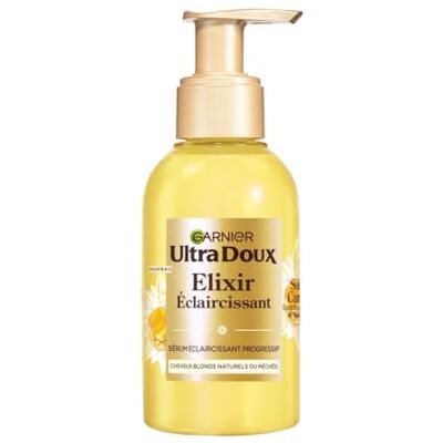 Garnier Ultra Doux Élixir éclaircissant progressif Sérum Cheveux Blonds naturels ou méchés Camomille et Miel de Fleurs Sans Silicone Flacon en Plastique Recyclé Hommes et Femmes 120 ml - Publicité Garnier Ultra Doux Élixir éclaircissant progressif Sérum Cheveux Blonds naturels ou méchés Camomille et Miel de Fleurs Sans Silicone Flacon en Plastique Recyclé Hommes et Femmes 120 ml - Publicité