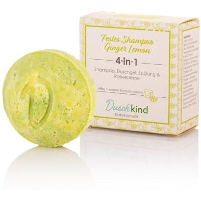 Duschkind Naturkosmetik Ginger Lemon Shampooing solide, gel douche, après-shampoing et crème à raser, formule végétalienne, 56 g pour cheveux normaux, emballage recyclable - Publicité Duschkind Naturkosmetik Ginger Lemon Shampooing solide, gel douche, après-shampoing et crème à raser, formule végétalienne, 56 g pour cheveux normaux, emballage recyclable - Publicité