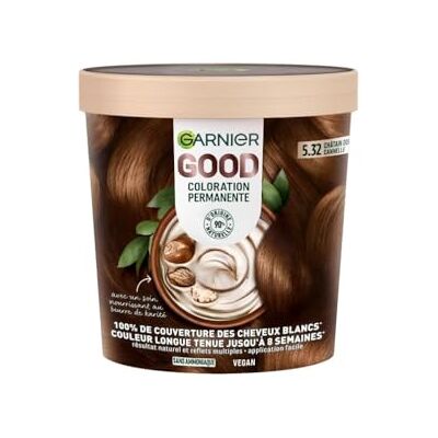 Garnier Coloration Permanente Sans Ammoniaque 90% d'Ingrédients d'Origine Naturelle et Formule Vegan Beurre de Karité 100% Couverture Cheveux Blancs Châtain Doré Cannelle (5.32) Good - Publicité Garnier Coloration Permanente Sans Ammoniaque 90% d'Ingrédients d'Origine Naturelle et Formule Vegan Beurre de Karité 100% Couverture Cheveux Blancs Châtain Doré Cannelle (5.32) Good - Publicité