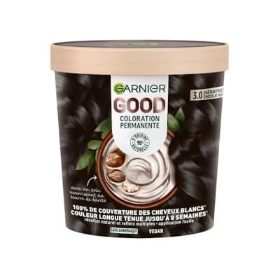 Garnier Coloration Permanente Sans Ammoniaque 90% d'Ingrédients d'Origine Naturelle Formule Vegan Beurre de Karité 100% Couverture Cheveux Blancs Châtain Foncé Chocolat Noir (3.0) Good - Publicité Garnier Coloration Permanente Sans Ammoniaque 90% d'Ingrédients d'Origine Naturelle Formule Vegan Beurre de Karité 100% Couverture Cheveux Blancs Châtain Foncé Chocolat Noir (3.0) Good - Publicité