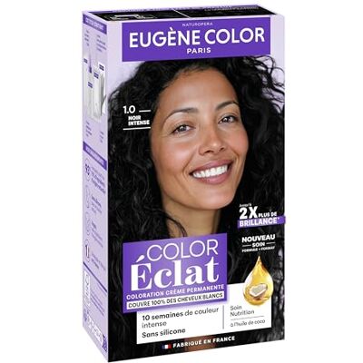 Eugène Color Coloration Cheveux Permanente, Couvre 100% des cheveux blancs, Brillance et Durée 1.0 NOIR INTENSE - Publicité Eugène Color Coloration Cheveux Permanente, Couvre 100% des cheveux blancs, Brillance et Durée 1.0 NOIR INTENSE - Publicité