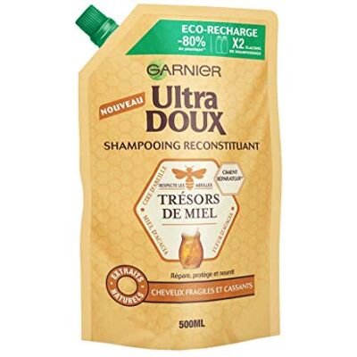 Garnier Ultra Doux Trésors de Miel Eco-Recharge Shampoing Reconstituant au Miel de Fleur d'Acacia/Cire d'Abeille pour Cheveux Fragiles/Cassants - Publicité Garnier Ultra Doux Trésors de Miel Eco-Recharge Shampoing Reconstituant au Miel de Fleur d'Acacia/Cire d'Abeille pour Cheveux Fragiles/Cassants - Publicité