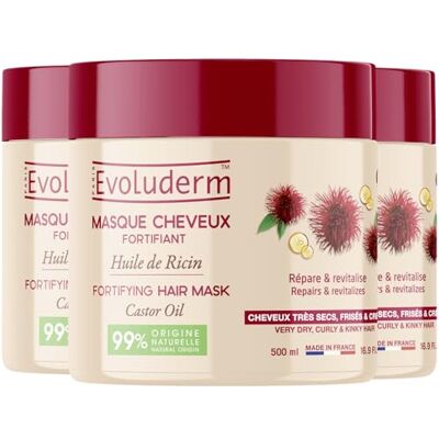 Evoluderm Masque cheveux Fortifiant Huile de Ricin 500ml 99% d'Ingrédients d'Origine Naturelle Lot de 3 x 500ml - Publicité Evoluderm Masque cheveux Fortifiant Huile de Ricin 500ml 99% d'Ingrédients d'Origine Naturelle Lot de 3 x 500ml - Publicité