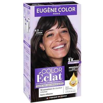 Eugène Color Coloration Cheveux Permanente, Couvre 100% des cheveux blancs, Brillance et Durée 4.0 CHATAIN - Publicité Eugène Color Coloration Cheveux Permanente, Couvre 100% des cheveux blancs, Brillance et Durée 4.0 CHATAIN - Publicité