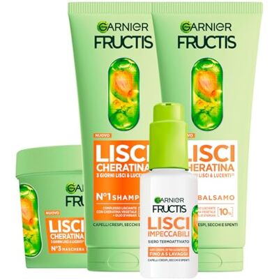 Garnier Fructis Kit Cheveux Lissant à La kératine avec Shampoing 200ml + Après-Shampoing 200ml + Masque 370ml + Sérum Protecteur Thermique 50ml pour Cheveux Secs Ternes et Crépus Lot de 4 - Publicité Garnier Fructis Kit Cheveux Lissant à La kératine avec Shampoing 200ml + Après-Shampoing 200ml + Masque 370ml + Sérum Protecteur Thermique 50ml pour Cheveux Secs Ternes et Crépus Lot de 4 - Publicité