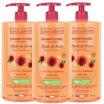 Evoluderm Shampoing Fortifiant Huile de Ricin 1000ml 96% d'Ingrédients d'Origine Naturelle Lot de 3 x 1000ml - Publicité Evoluderm Shampoing Fortifiant Huile de Ricin 1000ml 96% d'Ingrédients d'Origine Naturelle Lot de 3 x 1000ml - Publicité