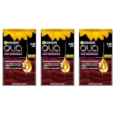 Garnier Olia Teinture Permanente pour Cheveux Sans Ammoniaque Coloration aux Huiles de Fleurs Naturelles à Action Illuminante et Nourrissante Couleur 6.60 Rouge Intense 3 Packs - Publicité Garnier Olia Teinture Permanente pour Cheveux Sans Ammoniaque Coloration aux Huiles de Fleurs Naturelles à Action Illuminante et Nourrissante Couleur 6.60 Rouge Intense 3 Packs - Publicité