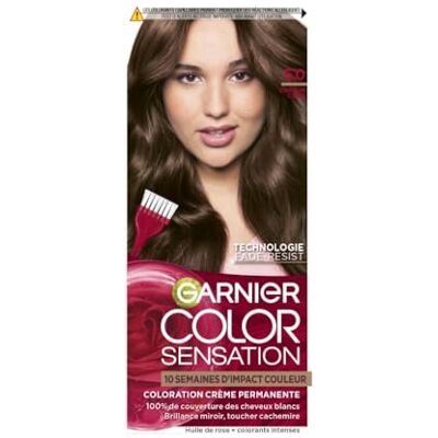 Garnier Color Sensation Coloration, Châtain Clair 5.0, Coloration Crème Permanente, Tous Types de Cheveux, Couleur jusqu'à 10 Semaines & Couvre les Cheveux Blancs 100% - Publicité Garnier Color Sensation Coloration, Châtain Clair 5.0, Coloration Crème Permanente, Tous Types de Cheveux, Couleur jusqu'à 10 Semaines & Couvre les Cheveux Blancs 100% - Publicité