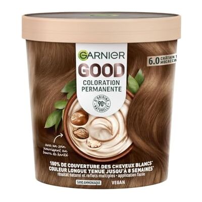 Garnier Coloration Permanente Sans Ammoniaque 90% d'Ingrédients d'Origine Naturelle Formule Vegan Beurre de Karité 100% Couverture Cheveux Blancs Châtain Très Clair Mocaccino (6.0)- Good - Publicité Garnier Coloration Permanente Sans Ammoniaque 90% d'Ingrédients d'Origine Naturelle Formule Vegan Beurre de Karité 100% Couverture Cheveux Blancs Châtain Très Clair Mocaccino (6.0)- Good - Publicité